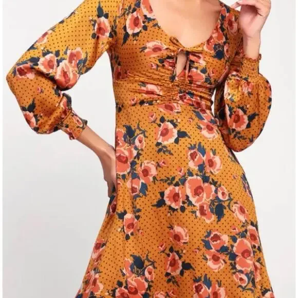 Free People Long Sleeves Autumn Gold Floral Dress Sz 6/8 Knee Length Fall Boho - Picture 2 of 8